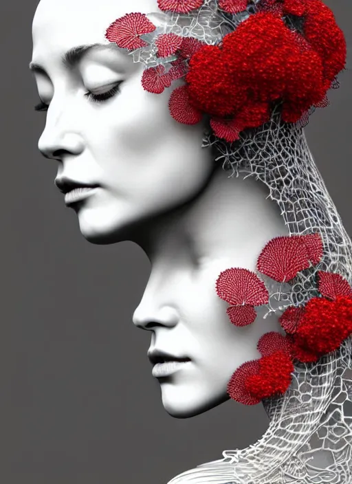 Image similar to complex 3d render ultra detailed of a beautiful porcelain profile woman face, mechanical vegetal cyborg, 150 mm, beautiful natural soft light, rim light, silver gold details, magnolia big leaves and stems, roots, fine foliage lace, mesh wire, Alexander Mcqueen haute couture, lady Gaga style, intricate details, hyperrealistic, mandelbrot fractal, anatomical, red lips, silver metal armor, facial muscles, cable wires, microchip, elegant, white background, octane render, H.R. Giger style, 8k