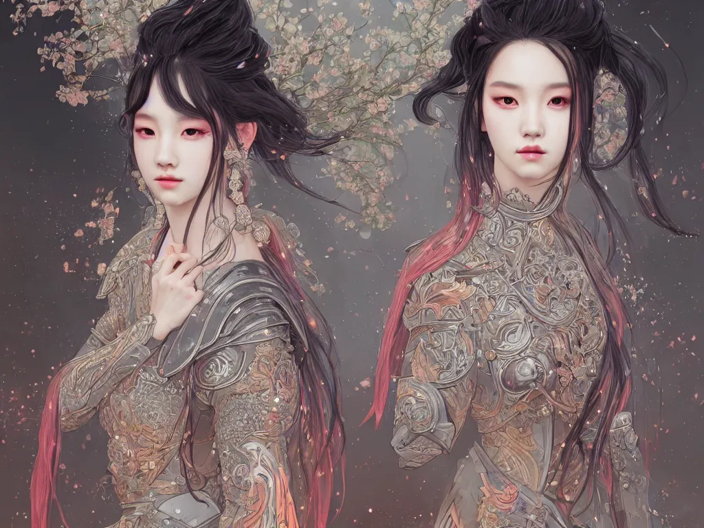 Image similar to portrait jisoo blackpink, grey hair armored samurai clothes, in fire japanese temple wet night, ssci - fi and fantasy, intricate and very very beautiful and elegant, digital painting, artstation, concept art, smooth and sharp focus, illustration, art by tian zi and wlop and alphonse mucha