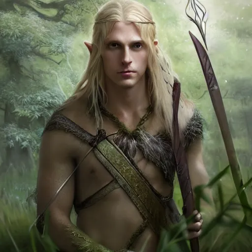 Prompt: a beautiful portrait of an epic fantasy style mystical forest elf man with long blond hair holding a epic steel elven sword and a dagger with a bow strapped across his chest in the midst of a grassy meadow, oil painting, Greg Rutkowski, Charlie Bowater, swordsman, unreal 5, DAZ, hyperrealistic, octane render, RPG portrait, dynamic lighting, fantasy art, beautiful face