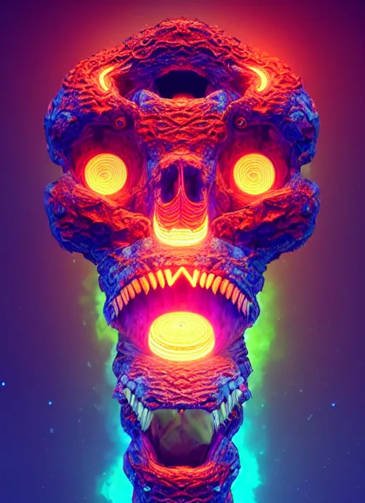 Image similar to 3 d totem portrait, sigma 5 0 0 mm f / 5. beautiful intricate highly detailed quetzalcoatl skull and feathers. bioluminescent, plasma, lava, ice, water, wind, creature, thunderstorm! artwork by tooth wu and wlop and beeple and greg rutkowski, 8 k trending on artstation,