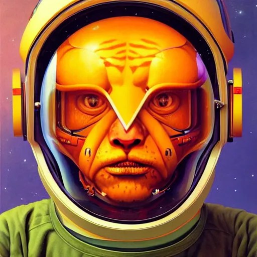 Prompt: Portrait of a Tiger astronaut wearing helmet in the style of James Gilleard, Zdzislaw Beksinski, Mark Ryden, Wolfgang Lettl highly detailed, hints of Yayoi Kasuma