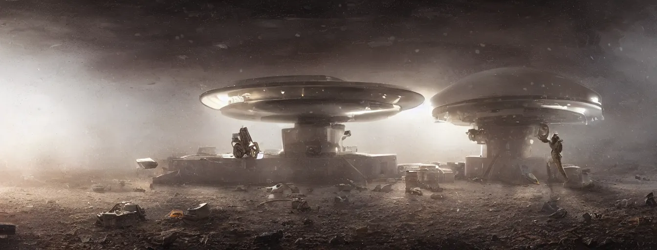 Prompt: engineer repairs special flying saucer full of modern military equipment, in the hall of area 55, high detail, ground fog, wet reflective ground, saturated colors, by Jordan Grimmer, render Unreal Engine-H 704
