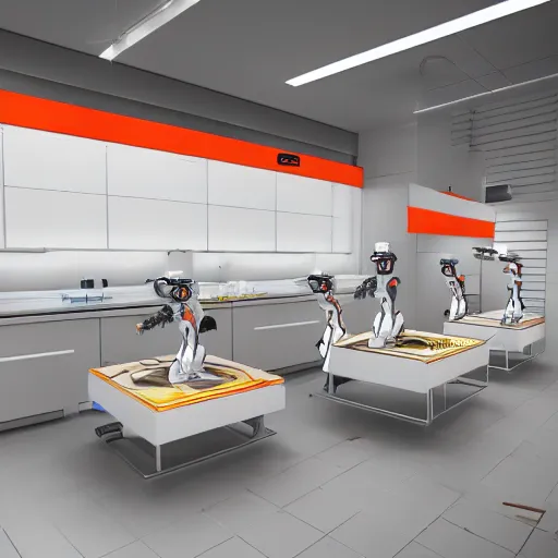 Image similar to butcher shop with three robotic kuka robot cutting machines, octane rendered, highly detailed