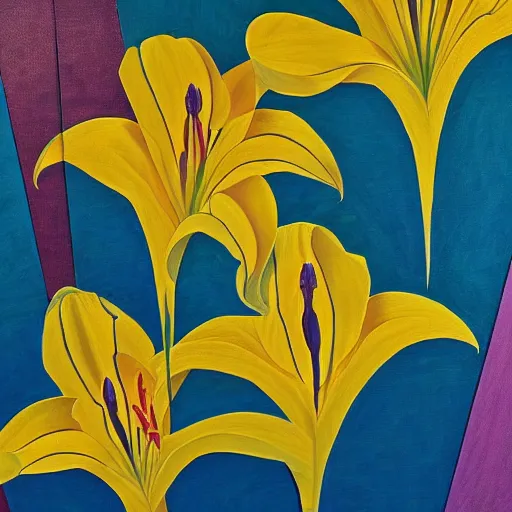 Image similar to an abstract and detailed painting of a lilies buke made out of geometric shapes, using partly gold paint