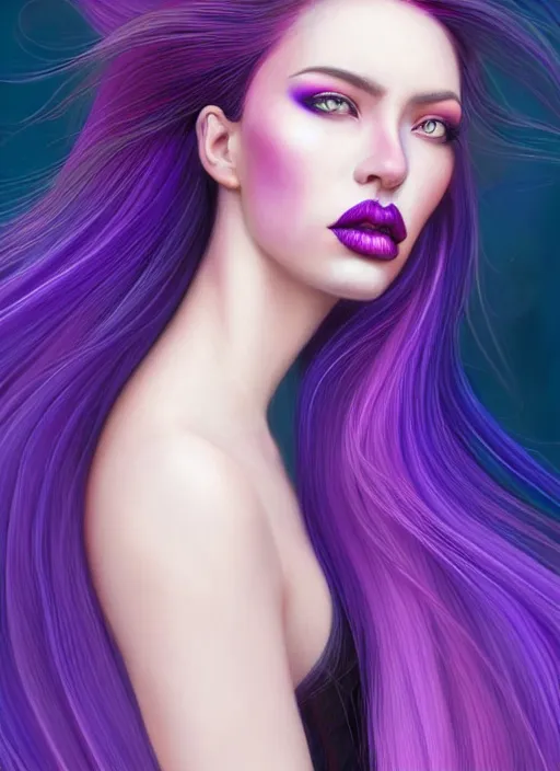 Image similar to Portrait of a woman with bright colored flying hair, all shades of purple. Hair coloring, beautiful lips and makeup. Hair fluttering in the wind, amber eyes, face, long hair, fantasy, intricate, elegant, highly detailed, digital painting, artstation, concept art, smooth, sharp focus, illustration, art by artgerm and greg rutkowski and alphonse mucha