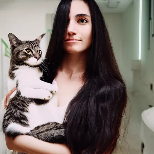 Image similar to a selfie of a a girl with long dark hair holding a cat in her arms, pexels contest winner, rasquache, high quality photo, rtx, hd, shiny eyes, a renaissance painting by sailor moon