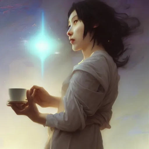 Image similar to A man drinking a cup of cosmic energy bright light, illustration by Ruan Jia and Mandy Jurgens and William-Adolphe Bouguereau, Artgerm, 4k, digital art, surreal, anime style, space dandy style, highly detailed, godsend, artstation, digital painting, concept art, smooth, sharp focus, illustration by Ruan Jia and Mandy Jurgens and William-Adolphe Bouguereau, Artgerm