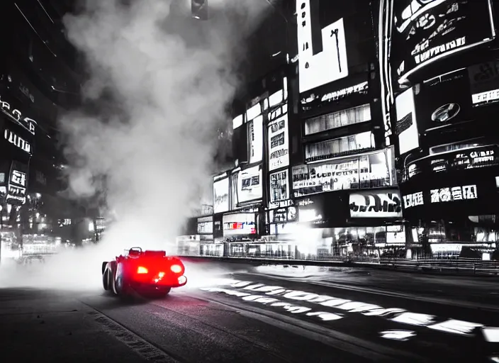 Prompt: a racing tractor drifting around the corner, smoke emanating from it's spinning wheels and exhaust. In a game of Need For Speed:Underground. moody cinematic lighting, high shutter speed, night, Shibuya Crossing