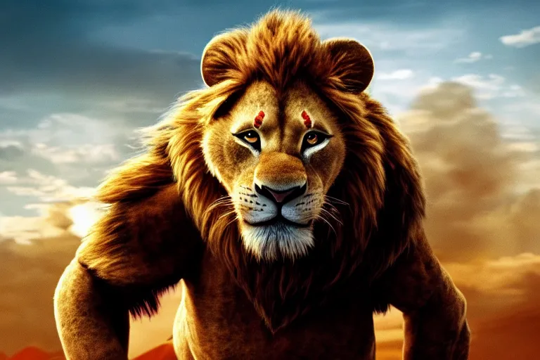 Image similar to simba ( from the lion king ), heavily armed and armored facing down armageddon in a dark and gritty version from the makers of mad max : fury road : witness me