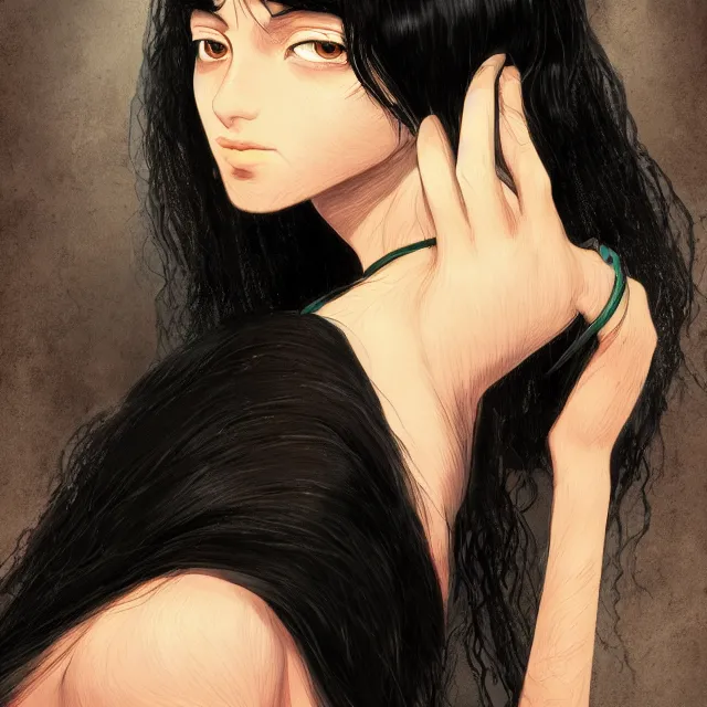 Prompt: happy birthday black hair girl, portrait of a black hair girl with empty eyes, cover of a fantasy book by Neil Gaiman, trending on artstation, 8k, highly detailed