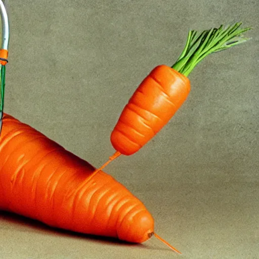 Image similar to dangling carrot in a fishing rod in front of a blonde man,