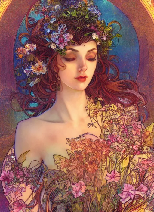 Prompt: Nature Goddess, ambient lighting, 4k, josephine wall, alphonse mucha, lois van baarle, ilya kuvshinov, rossdraws