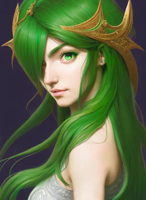 Image similar to portrait from left, head and body only, palutena, green hair, concept art, digital illustration, by rossdraws, frank franzzeta, intricate, masterpiece, elegant, hyper detailed, artstation, unreal engine rendered, concept art, smooth, sharp focus, illustration, art by artgerm and greg rutkowski and alphonse mucha and garis edelweiss