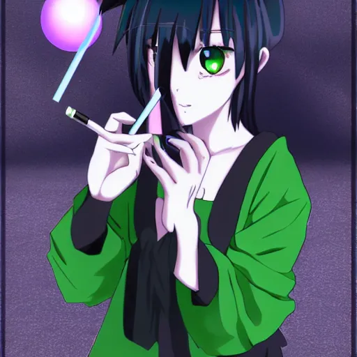 Image similar to green-eyed cat-eared goth anime girl smoking a cigarette deviantart 8k aramaki shinji hd hyperreality