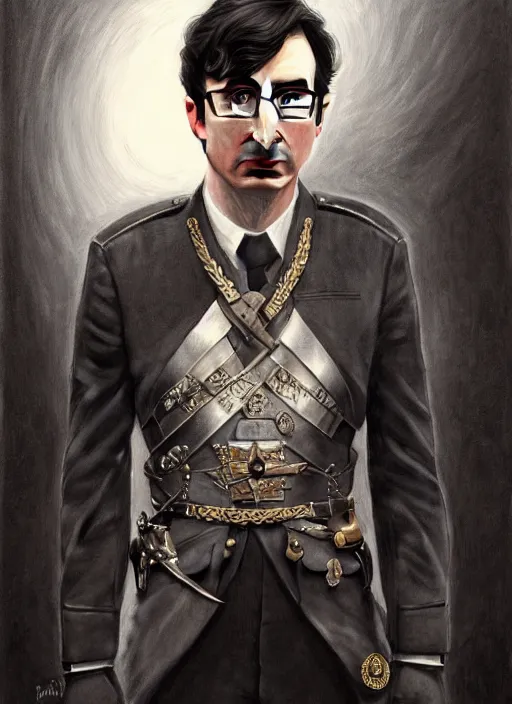 Image similar to a portrait of john oliver standing next to adam driver, stoic, full body, military uniform, fantasy, intricate, elegant, beautiful, highly detailed, charcoal, centered, dark, smokey, digital painting, artstation, concept art, smooth, sharp focus, illustration, art by artgerm and greg rutkowski and alphonse mucha