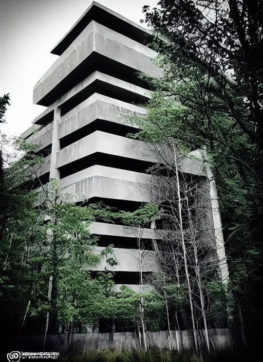 Image similar to “ brutalist architecture surrounded by a neon forest ”