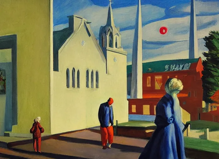 Prompt: painting, young lovers holding hands walking by river, she's wearing rags and feathers from salvation army counters, and the sun pours down like honey on our lady of the harbor church in montreal, by paula rego, by neo rauch, by edward hopper