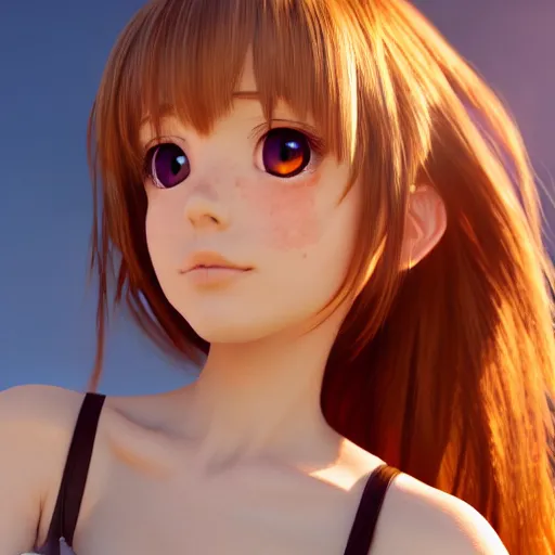 Image similar to Render of a very beautiful 3d anime girl, long hair, hazel eyes, cute freckles, full round face, short smile, cute sundress, golden hour, space setting, medium shot, mid-shot, highly detailed, trending on Artstation, Unreal Engine 4k