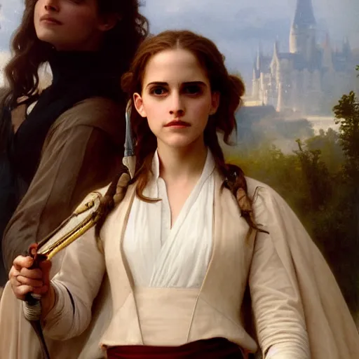 Prompt: Painting of Emma Watson as Hermione Granger standing next to Natalie Portman as Padme Amidala. Art by william adolphe bouguereau. During golden hour. Extremely detailed. Beautiful. 4K. Award winning.