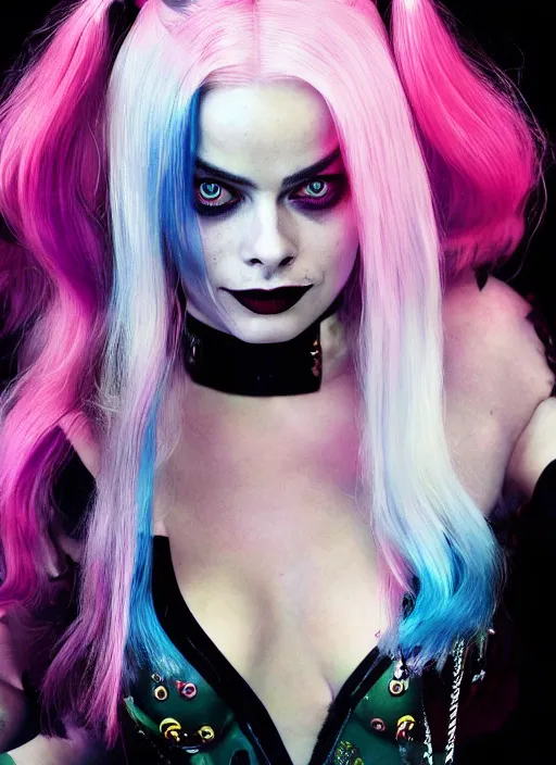 Image similar to photo of seductive beautiful suicide squad happy margot robbie with long white hair that looks like harley quinn standing on the wet street of gotham city, pinup model, glamour fashion pose, cinematic, volumetric lighting octane, studio lighting, global illumination, arney freytag,