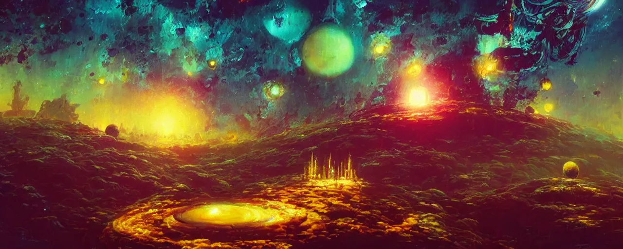 Prompt: ” outer planet covered in dripping honey, [ art by paul lehr, cinematic, detailed, epic, widescreen, opening, establishing, mattepainting, photorealistic, realistic textures, octane render ] ”