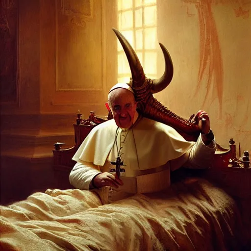 Image similar to the pope is in his bedroom, scared because a horned demon is attacking him. highly detailed painting by gaston bussiere, greg rutkowski, craig mullins 8 k