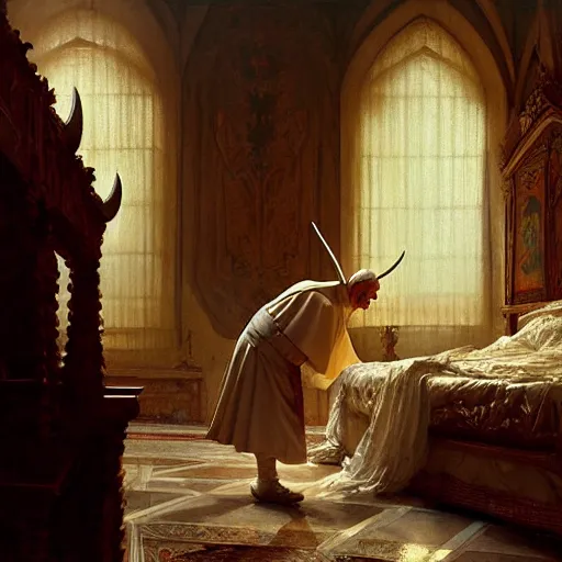 Image similar to the pope is in his bedroom, scared because a horned demon is attacking him. highly detailed painting by gaston bussiere, greg rutkowski, craig mullins 8 k