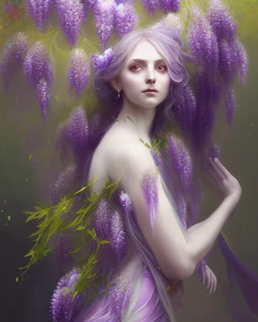 Image similar to Full View Portrait Mystical ethereal wisteria deity wearing beautiful dress, wisteria Dryad, 4k digital masterpiece by Anna dittman and Ruan Jia and Alberto Seveso, fantasycore, Hyperdetailed, realistic oil on linen, soft lighting, wisteria background, featured on Artstation