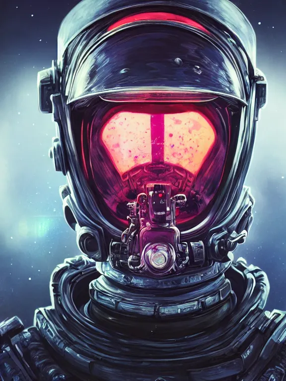 Image similar to portrait art of 8k ultra realistic retro futuristic undead astronaut, helmet visor open, glow around helmet, deep space , detailed intricate ornate armour,blade runner, cybernetic, full of colour, cinematic lighting, trending on artstation, 4k, hyperrealistic, focused, extreme details,unreal engine 5, cinematic, masterpiece, art by ayami kojima, giger