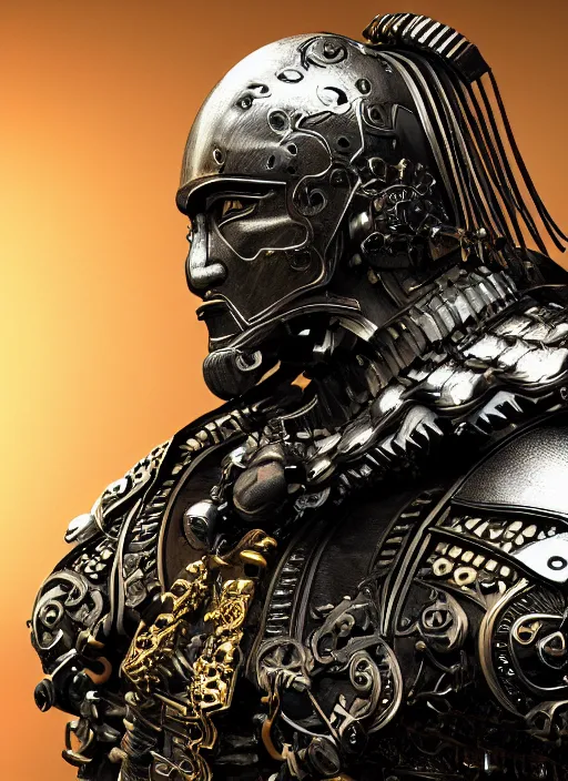 Image similar to hyper realistic glorious ancient samurai in a obsidian metal armor, futuristic design, designed by makoto kobayashi and luca zampriolo, portrait, cyberpunk style, wood and gold details, intricate, extremely detailed, ornate, deep of field, hard surface, exoskeleton, substance designer metal unreal engine. amazing likeness. very detailed.