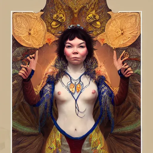 Image similar to portrait of bjork as dmt elf, 8 k highly detailed, sharp focus, illustration, art by artgerm, mucha, bouguereau