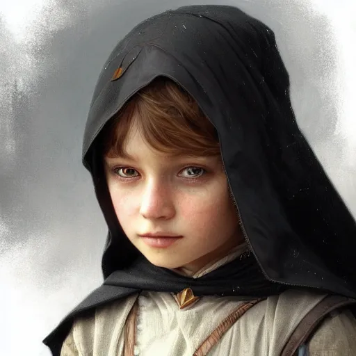 Image similar to perfectly - centered - portrait of a kid wearing black cloak holding stick, intricate, highly detailed, digital painting, artstation, concept art, smooth, sharp focus, illustration, unreal engine 5, 8 k, art by artgerm and greg rutkowski and alphonse mucha