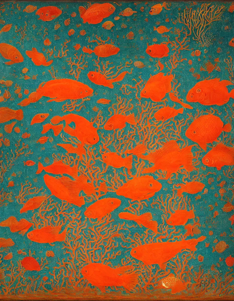 Image similar to transparent vase of coral in the sky and under the sea decorated with a dense field of stylized scrolls that have opaque orange outlines, with colorful shells and orange fishes, ambrosius benson, oil on canvas, hyperrealism, light color, no hard shadow, around the edges there are no objects