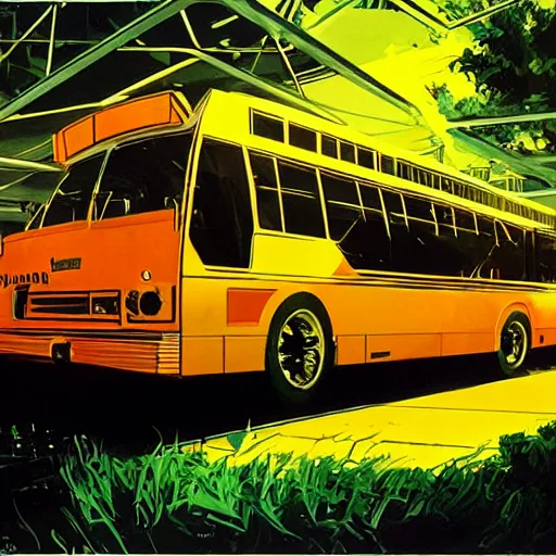 Image similar to concept art for chainsaw bus, painted by syd mead, high quality