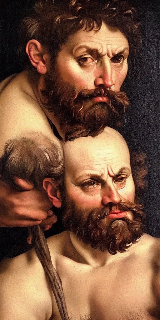 Image similar to middle-aged strong man with short light brown hair and short beard, very realistic, very detailed, 4k masterpiece, art by Caravaggio