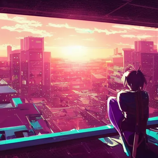 Prompt: Sitting android mechanical cyborg anime girl child overlooking overcrowded urban dystopia. Pastel pink clouds baby blue sky. Gigantic future city. Raining. Makoto Shinkai. Wide angle. Distant shot. Purple sunset. Sunset ocean reflection.