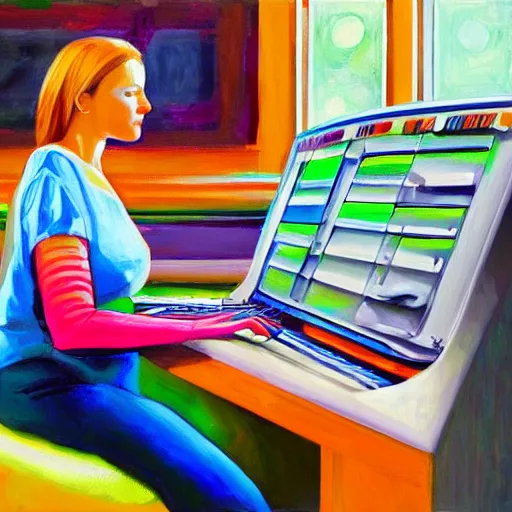 Prompt: realistic painting portrait of a woman programming a computer, colorful computer screen, home office, colorful toys all over the floor, piano in the background, cosy, serene, morning light, detailed painting, vivid colors, solid color background