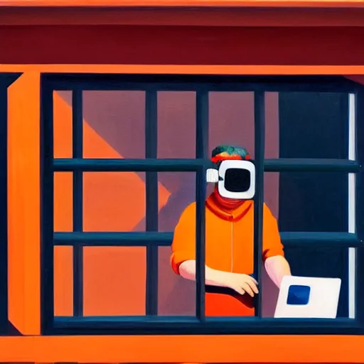 Image similar to A fine art painting of a man wearing Vr goggles dressed in orange overalls (and creating the metaverse at a desk with screens), view from outside looking in through a window on a British street. In the style of Edward Hopper and Wes Anderson