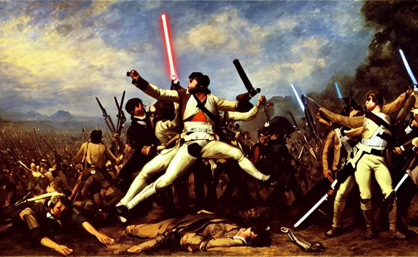 Image similar to liberty leading the people, french revolution, eugene delacroix, jedi, lightsaber, ewoks, endor forest, oil on canvas