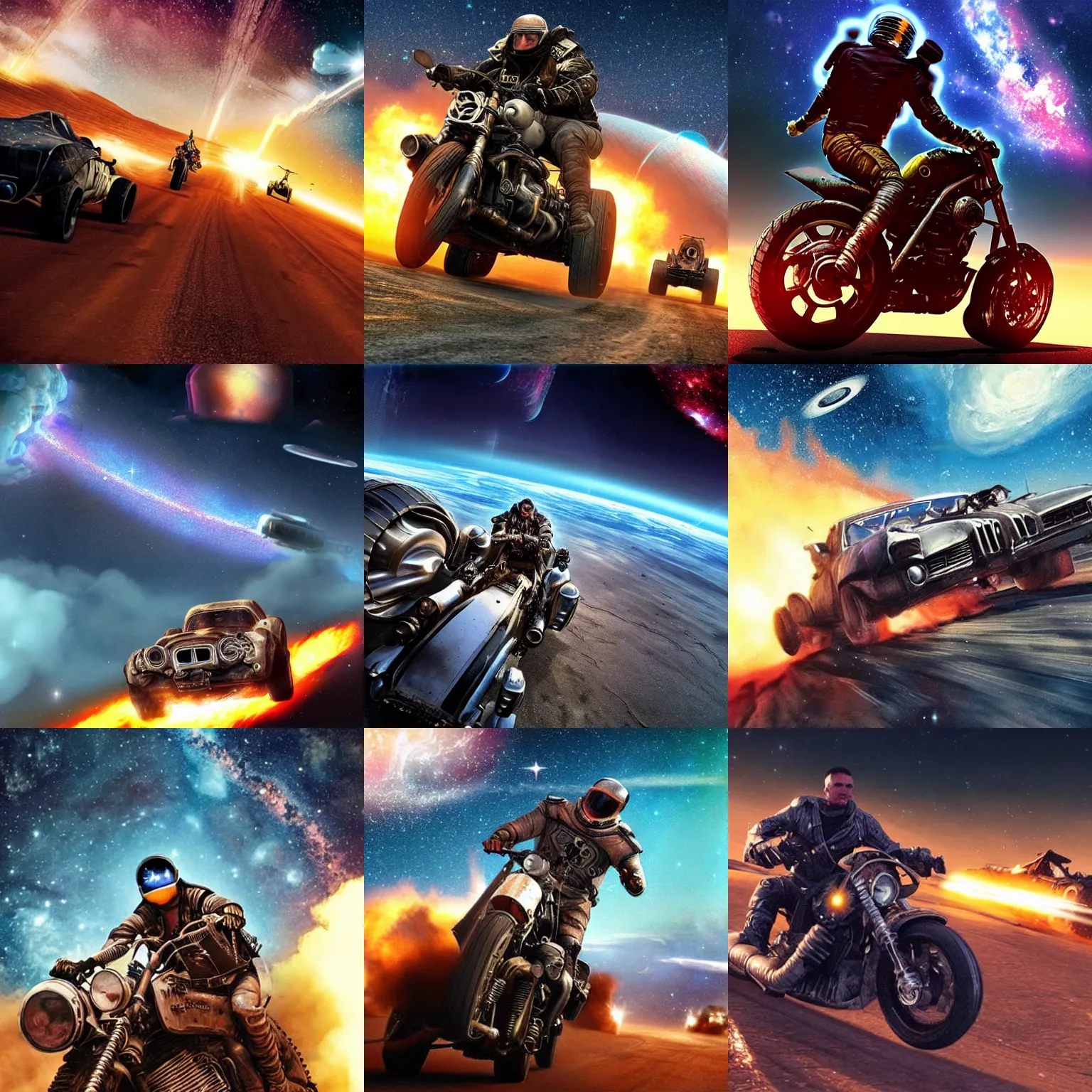 Prompt: mad max racing a motorcycle in space with a beautiful galaxy in the background, very detailed