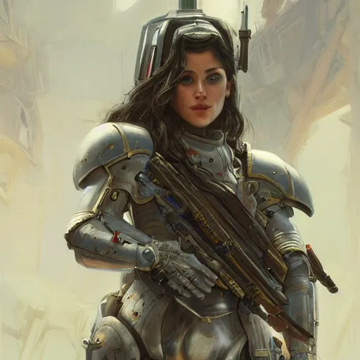 Image similar to A pale young french woman as an warhammer 40k marine, very detailed face, gorgeous, beautiful, intricate, highly detailed, digital painting, artstation, concept art, sharp focus, illustration, art by greg rutkowski and alphonse mucha