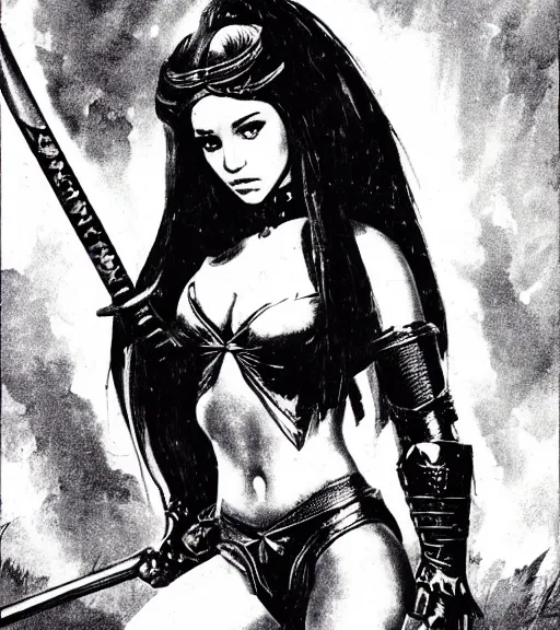 Image similar to 1 9 8 0 s fantasy novel book cover, amazonian ariana grande in extremely tight bikini armor wielding a cartoonishly large sword, exaggerated body features, dark and smoky background, low quality print