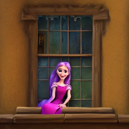 Image similar to rapunzel sadly looking out tower window, artstation, pixar.