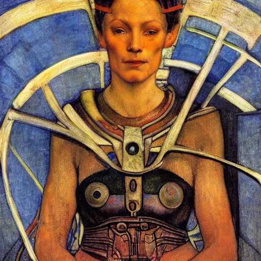 Image similar to the android in her iron crown, by Annie Swynnerton and Diego Rivera, symbolist, dramatic lighting, elaborate geometric ornament, Art Brut ,god rays, soft cool colors,smooth, sharp focus, extremely detailed, Adolf Wölfli