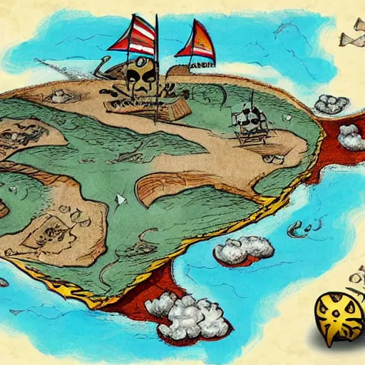 Image similar to pirate treasure map with an x marking the spot, concept art, illustrated, highly detailed, high quality, bright colors, optimistic,