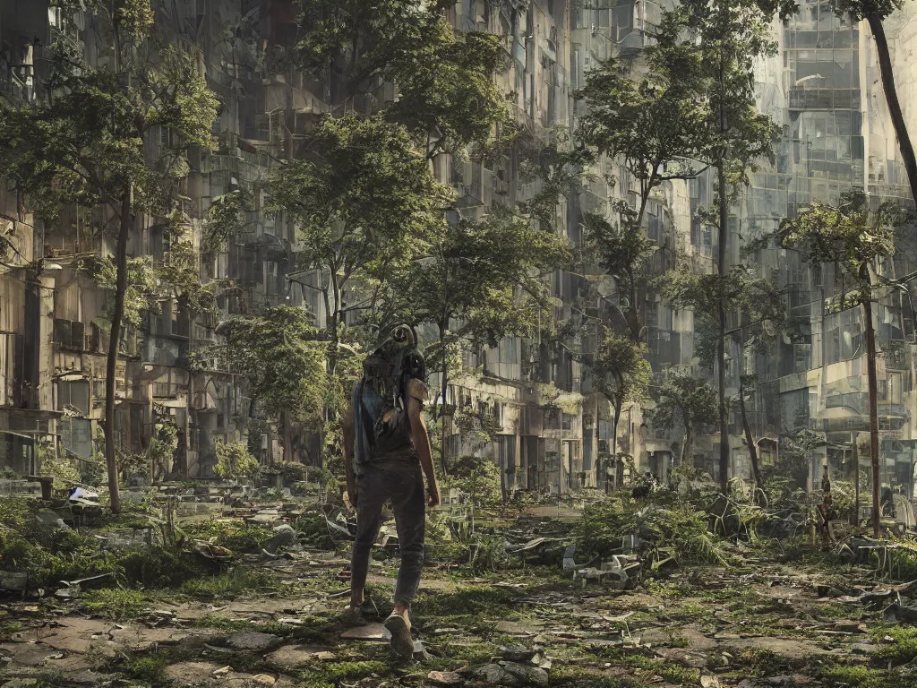 Image similar to an abandoned overgrown city, small amount of zombies lurking around, plants everywhere, windows broken, sole traveler walking in the middle, highly detailed, octane render, cinematic, shock, sharp focus