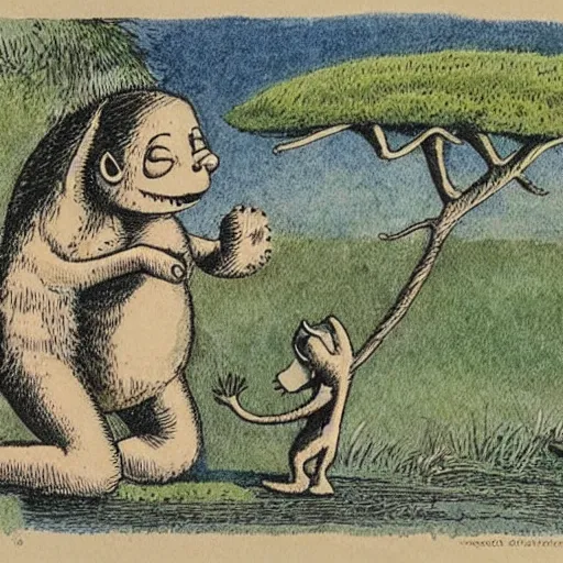 Image similar to life taking its first steps onto land. new life evolutionary ancestor. Ancient creature. Illustrated by Maurice Sendak