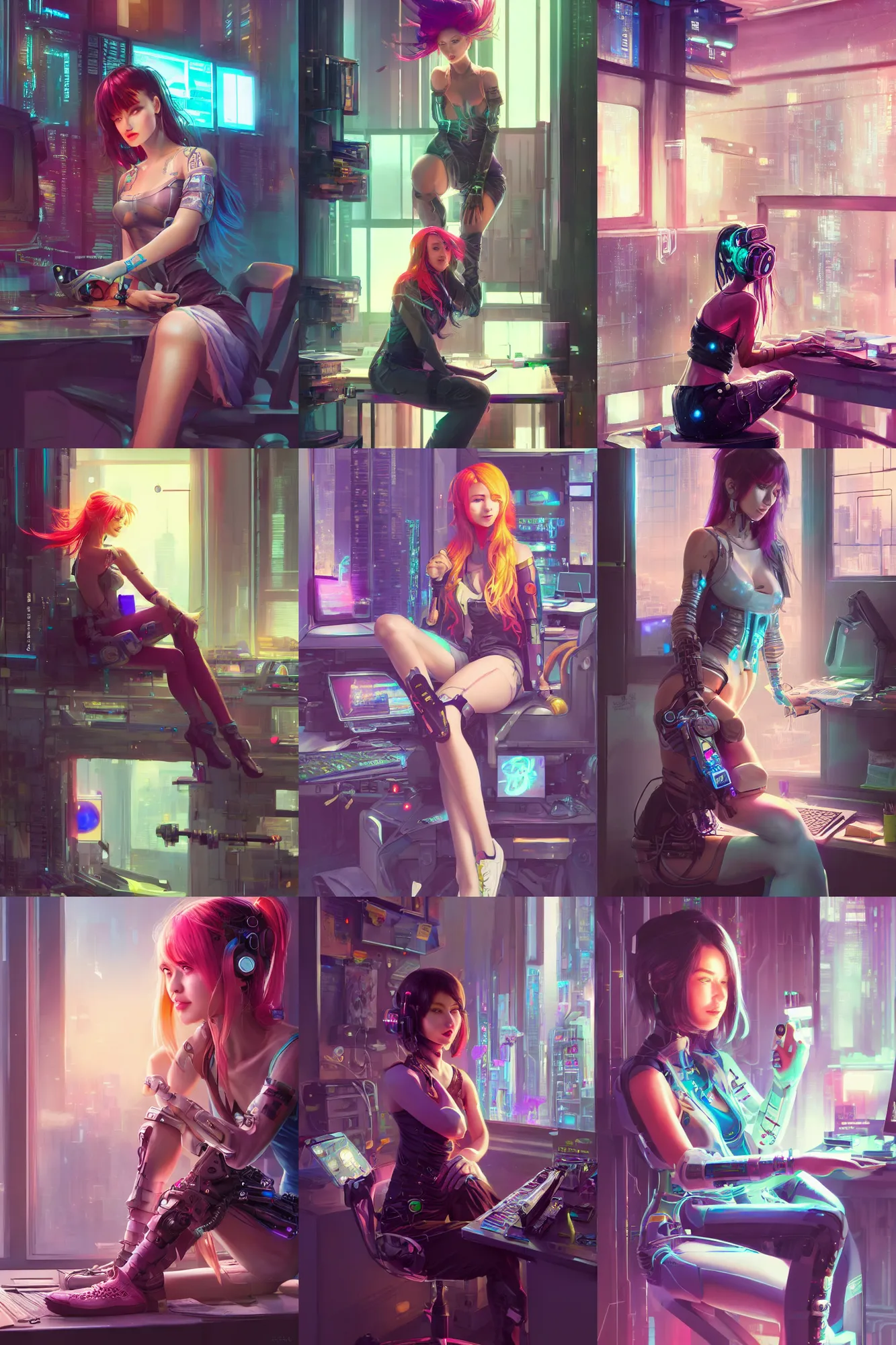 Prompt: a beautiful cyberpunk girl sitting in her office | | cute - fine - subtle smile, colorful hair, face, pretty face, fine details by stanley artgerm lau, wlop, rossdraws, james jean, andrei riabovitchev, marc simonetti, and sakimichan, trending on artstation
