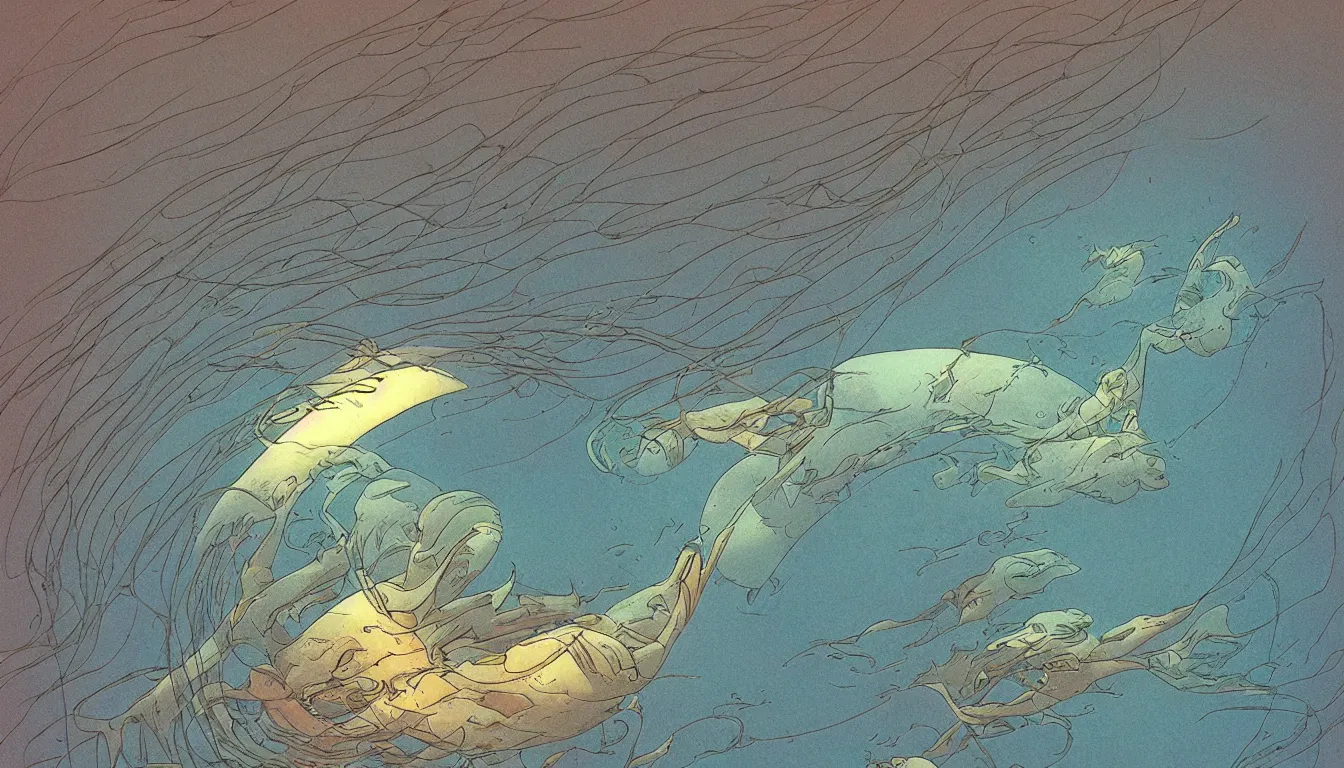 Image similar to underwater, filtered light, moebius