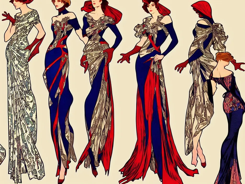 Image similar to 4 elegant full length spider man dress designs with natural history prints designed by alphonso mucha